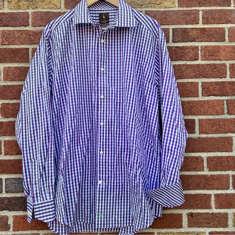 Tailorbyrd Men's Long Sleeve Button Down Flip Cuff Purple Checkered Size XL